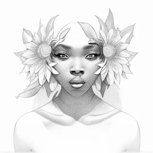 Sun With A Black Woman's Face And Flowers