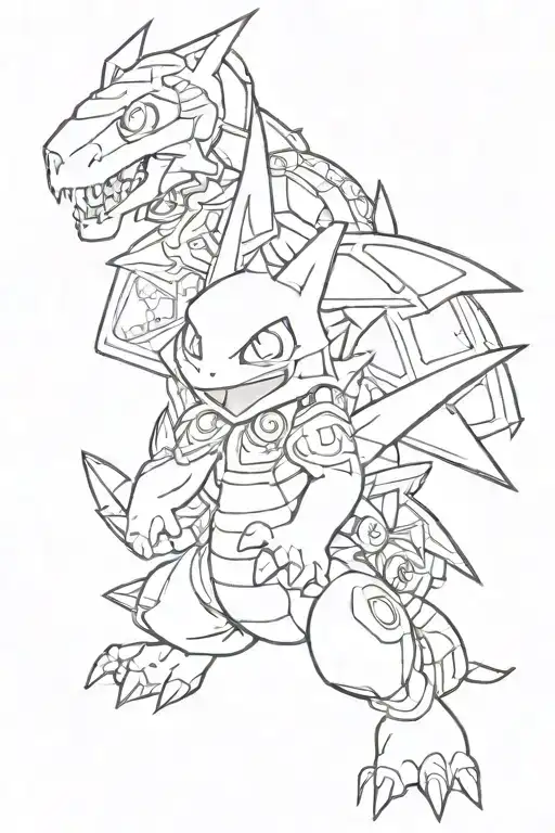 A Tattoo Design Combining Elements Of Pokemon And Digimon In A Nostalgic 90'S Theme