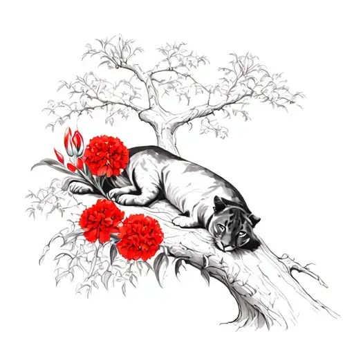 Panther Laying On Tree With Red Carnations Iris Lily
