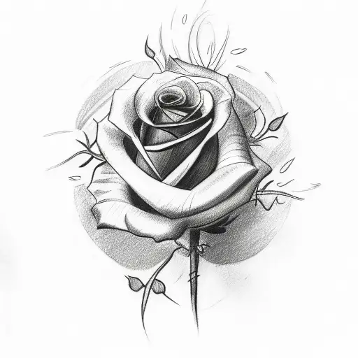 A Sketch-style Tattoo Of A Rose Catching Fire With Thorns Wrapping Around The Neck