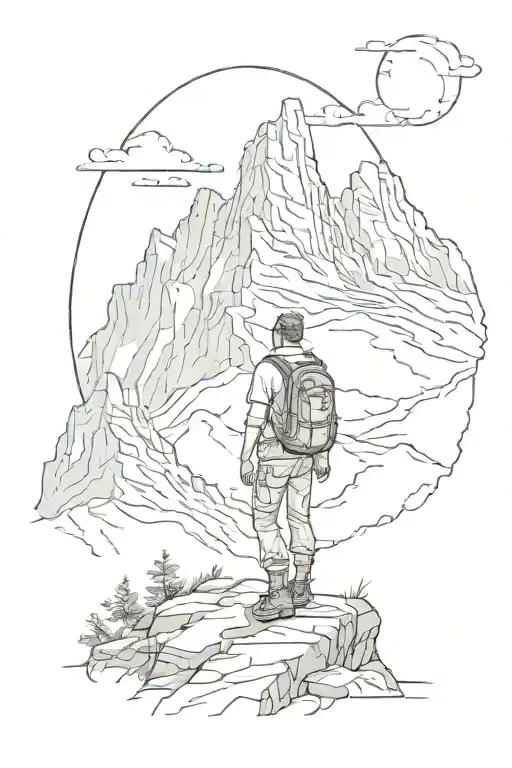 A Sketch-style Tattoo Of A Hiker Gazing At The Breathtaking View From A Mountain Summit
