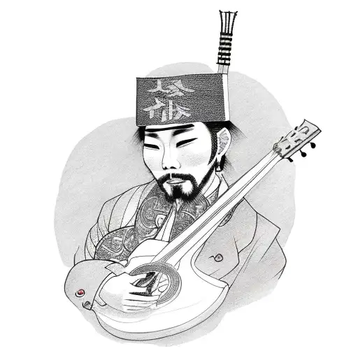 A Tattoo Of A Gentleman Dressed In Traditional Japanese Attire Playing A Guitar