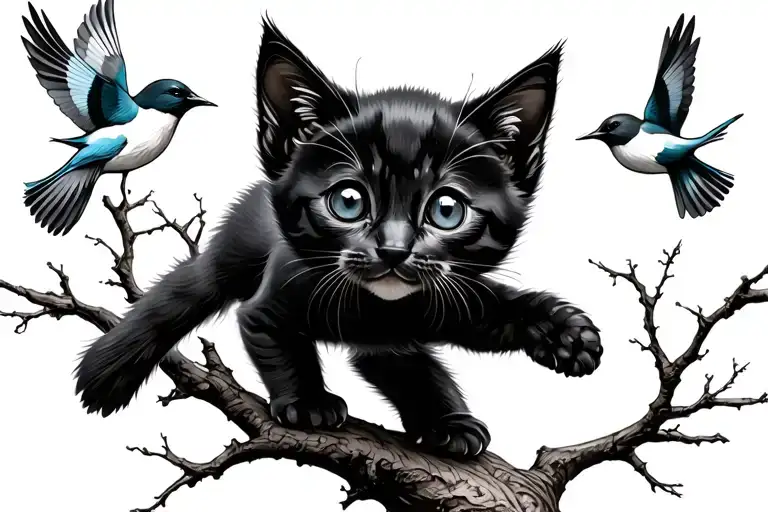 Black Kitten Chasing Birds In A Tree