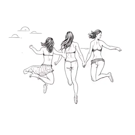 Three Women Jumping On The Beach At Sunset