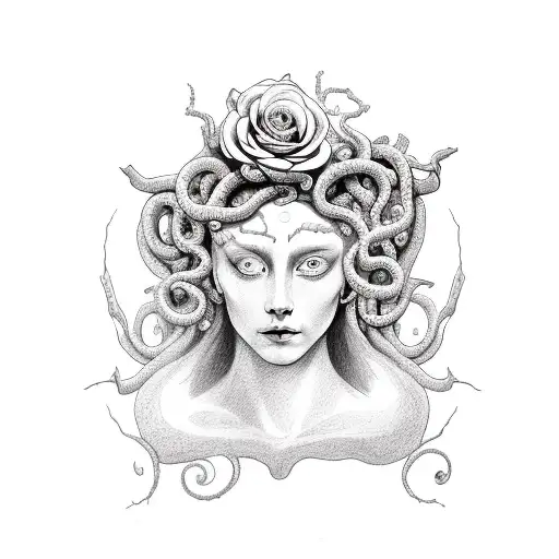 Medusa With A Semi Colon For An Eye With A Rose Vine Around