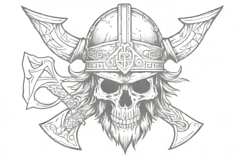 Skull Wearing Viking Helmet With Two Battle Axes Crossing Over Eachother