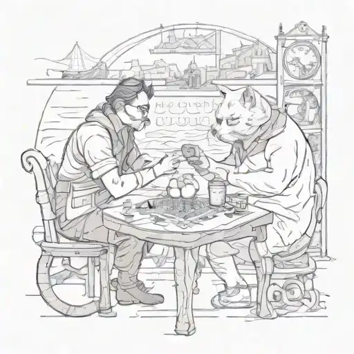 A Tattoo Of A Cat And A Man Playing A Historical Board Game By The River