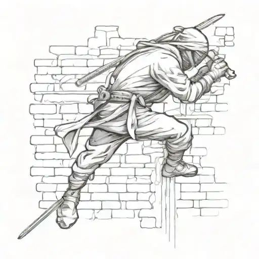 A Ninja Stealthily Climbing A Wall With A Katana In Hand