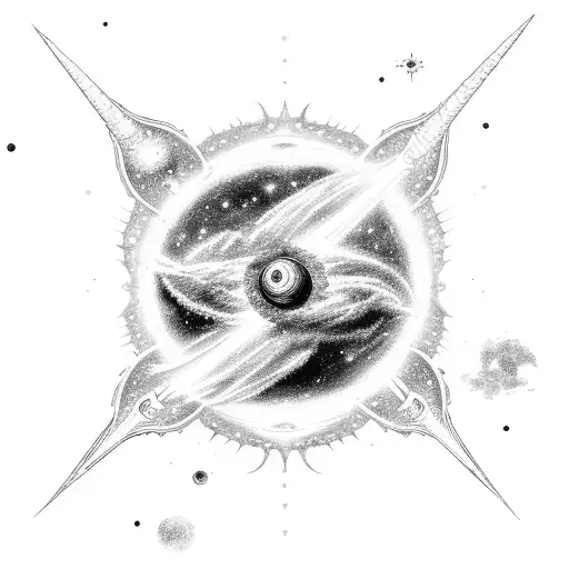 A Celestial Sword Piercing Through A Planet Surrounded By Nebulae