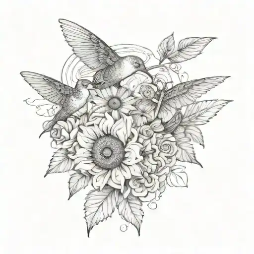 Sunflower And Roses Intertwined With A Crochet Hook With A Hummingbird And Butterfly Around Them