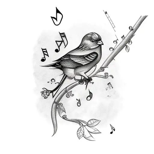 A Sketch-style Tattoo Of A Bird Perched On A Branch With Musical Notes Flowing Around It