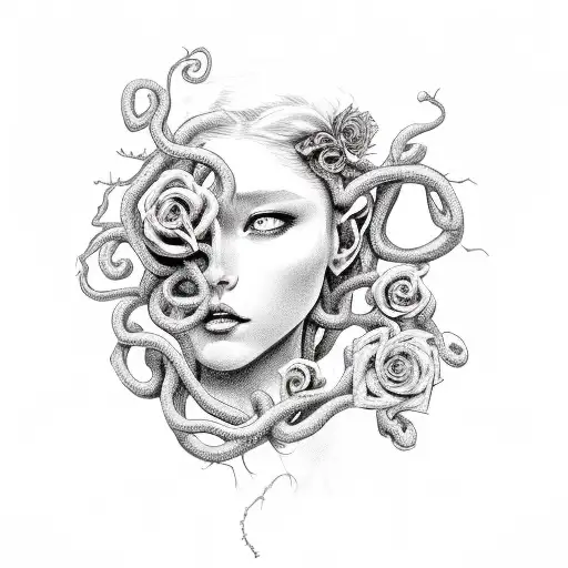 Medusa With A Semi Colon Eye With A Rose Vine Around