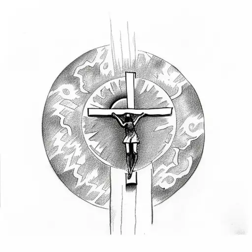 A Sketch-style Tattoo Of Jesus On The Cross With The Sun And Moon In The Background