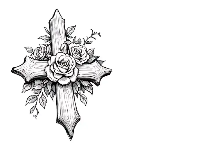 Wooden Cross With A Crown Made Of Roses On It
