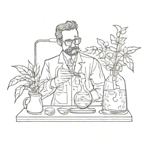 A Sketch Style Illustration Of A Chemist Mixing Coffee And Plants In A Lab Beaker