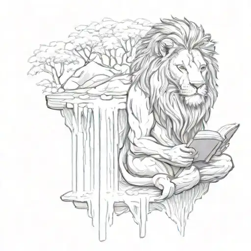 A Lion Reading A Book Under A Waterfall