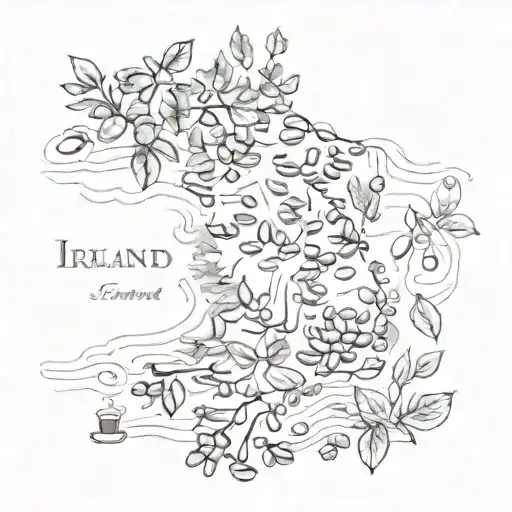 A Sketch Style Map Of Ireland With Coffee Beans And Plant Leaves Scattered Across It