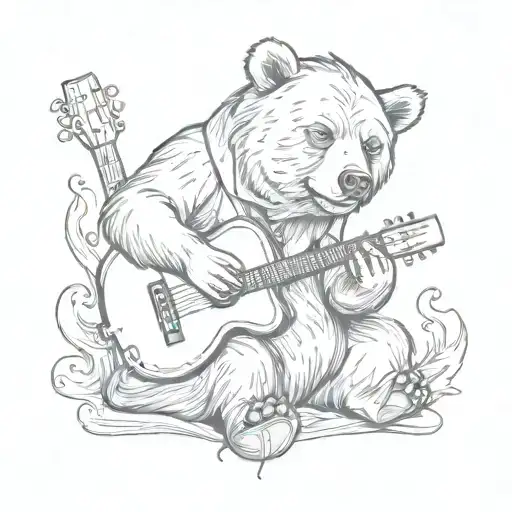 A Sketch Style Tattoo Of A Bear Strumming A Guitar