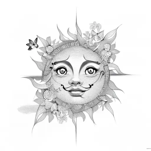 Sun With Flower And Butterflies And Vines