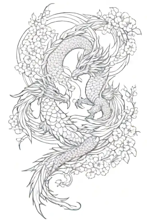 Dragon And Phoenix With Cherry Blossom