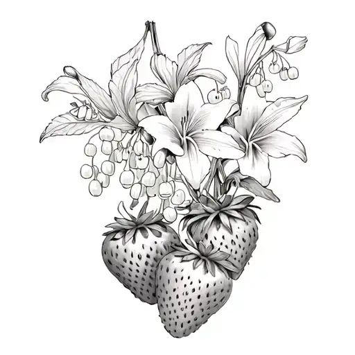 Group Of Multiple Strawberries With Lily Of The Valley Flowers