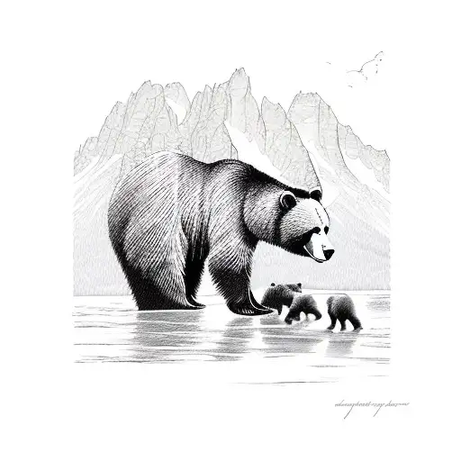Bear Family Crossing River In The Grand Teton Mountains