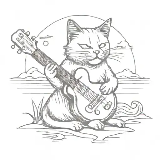 A Tattoo Showcasing A Cat Playing A Blues Guitar On A Beach At Sunset