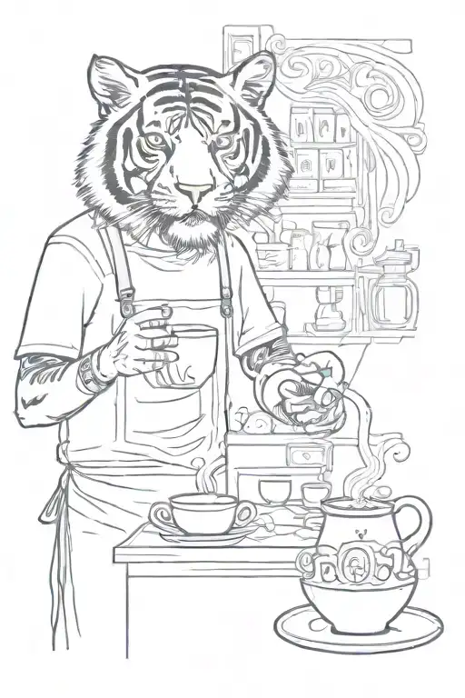 A Barista Serving Coffee To A Tiger In A Whimsical And Playful Sketch Style