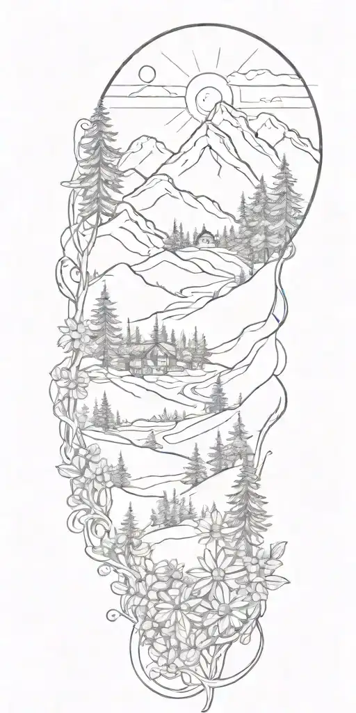 A Sketch-style Tattoo Of A Mountain Landscape With Pine Trees And Daisies Scattered Throughout