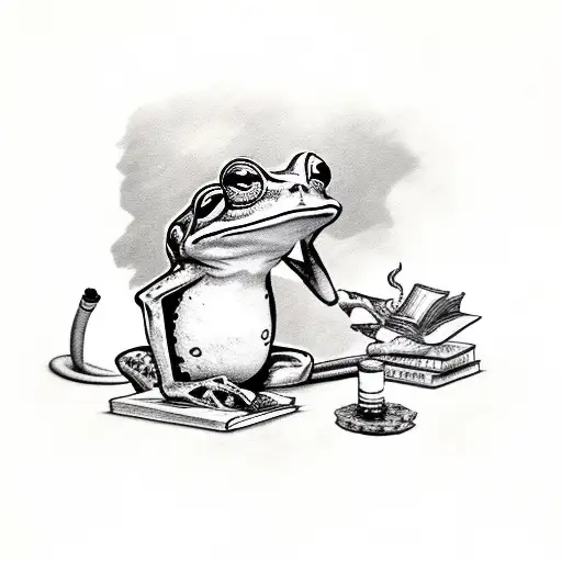 Frog Sitting On Toadstool Reading A Book And Smoking A Pipe