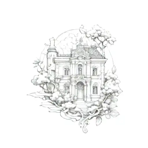 Combine Baroque Architectural Elements With A Nature Scene In A Tattoo Design