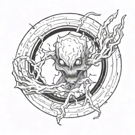 Dark Black Creature With White Eyes Coming Out Of A Black Hole With Its Hands And Head