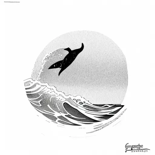 A Surfer Catching A Wave With A Dolphin Silhouette In The Background