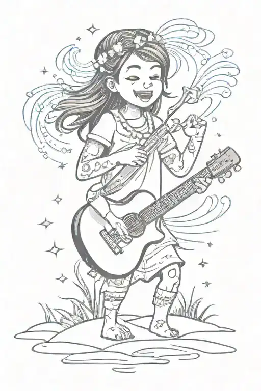 A Sketch Style Tattoo Of Lilo Playing A Ukulele On A Beach With Music Notes Floating In The Air