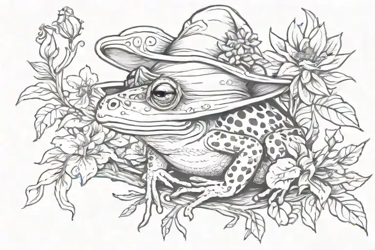 Frog With Witch's Hat And Flowers