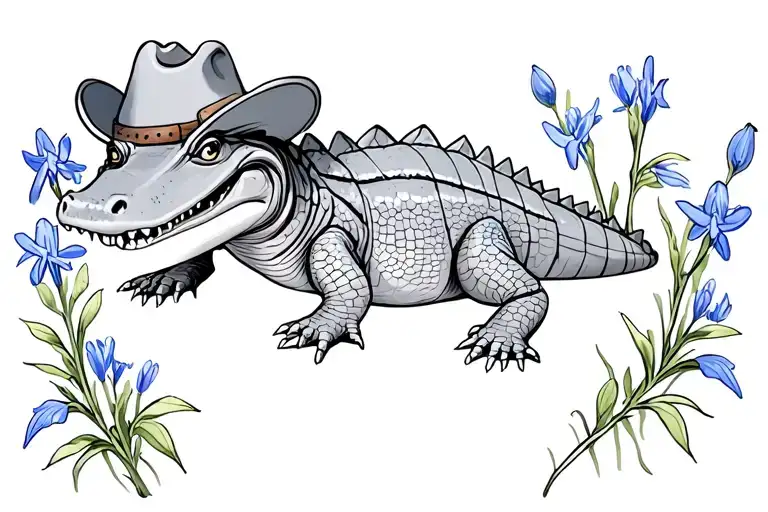 Baby Alligator Wearing A Cowboy Hat In A Patch Of Bluebell Flowers