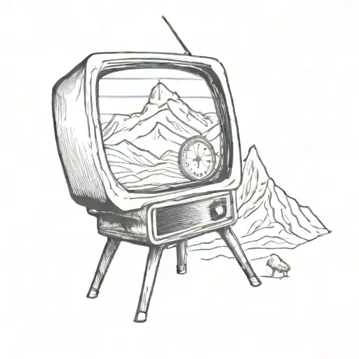 A Vintage Tv Set With A Mountain Landscape On The Screen And A Compass Overlay