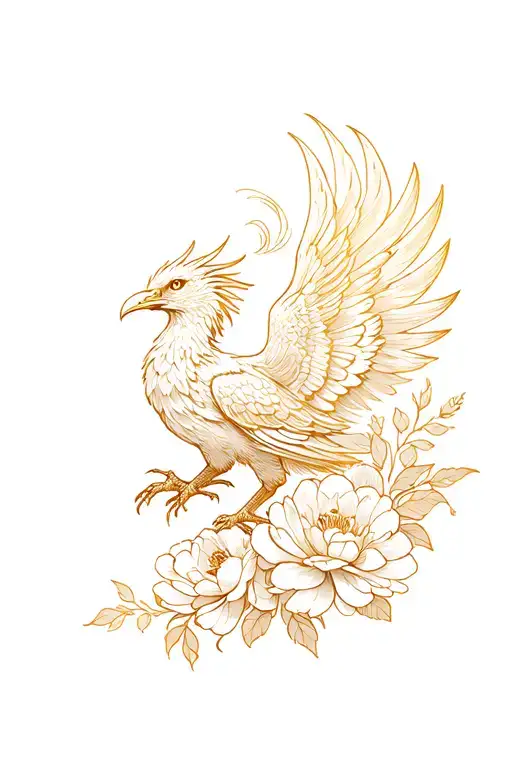 Flying Phoenix With Peonies And Magnolia Flowers With Gold Veins