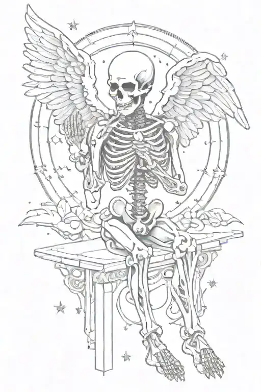 A Skeleton Angel Praying With A Celestial Background And Stars Shining Behind It