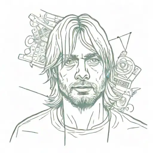 A Portrait Of Kurt Cobain Surrounded By Trash And Art Supplies In A Sketch Style