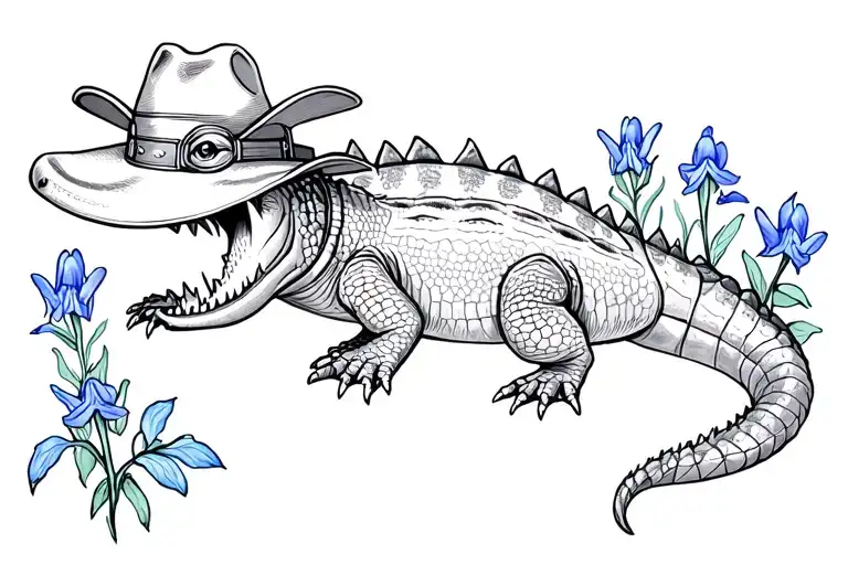 Baby Alligator Wearing A Cowboy Hat In A Patch Of Bluebell Flowers