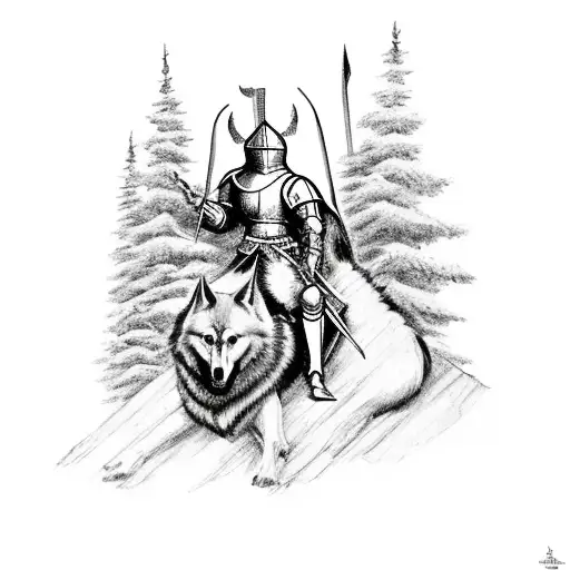 Medieval Knight With Wolf Pack Surrounded By Trees With Castle In The Back Ground To Go On Forearm