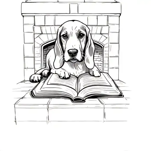 Basset Hound Puppy Reading A Book By The Fire Place