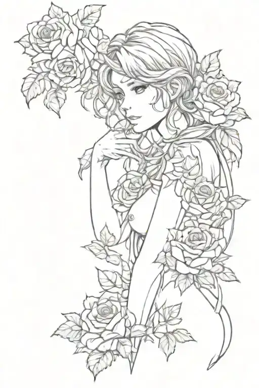 Anime Girl Nude With Background Of Roses