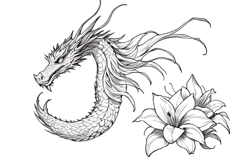 Collarbone Tattoo Of An Eastern Dragon And Lillies