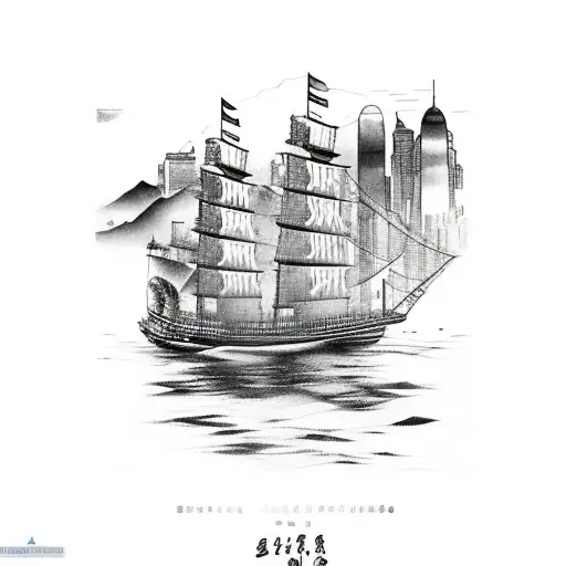 A Skyline Of Hong Kong With A Traditional Chinese Junk Boat Sailing In Front Of It