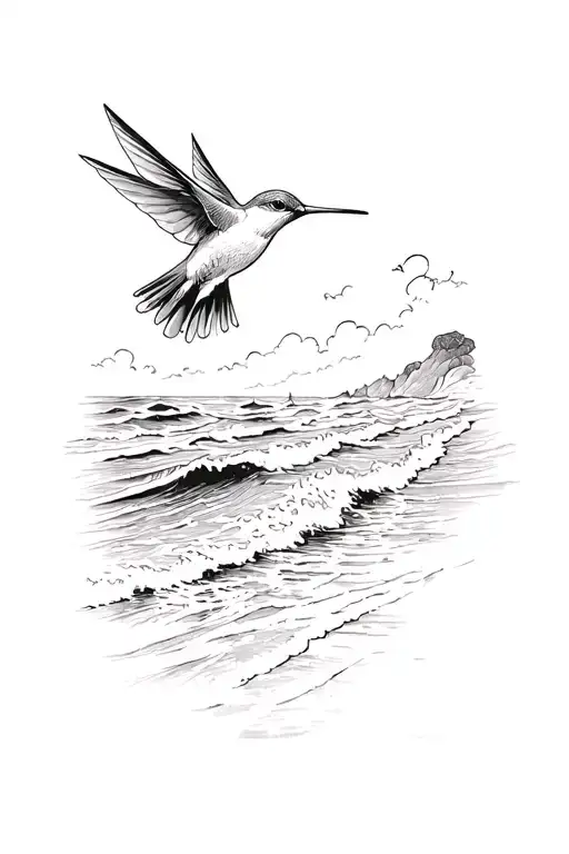 A Sketch Of A Hummingbird Flying Over A Beach With Waves Crashing