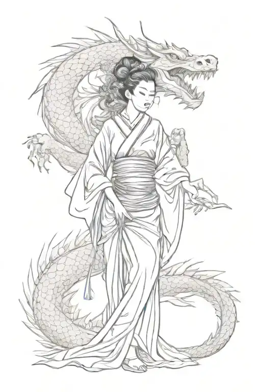 Japanese Geisha With Scary Dragon Wrapped