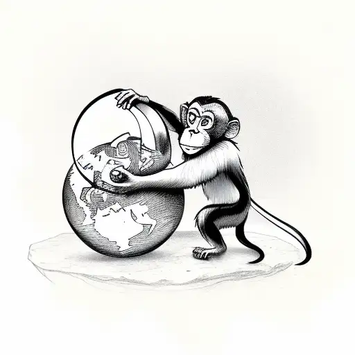 Monkey Climbs Over A Tree And Holds A Small Globe With His Tail