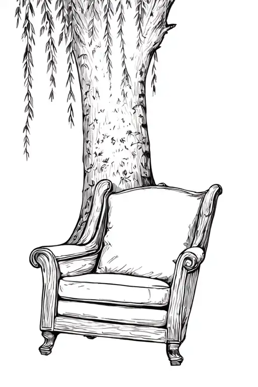 Armchair To The Side Of A Willow Tree And Sunlight Streaming Down